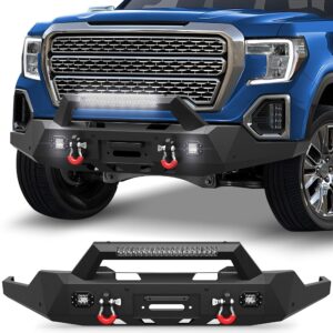 19-22 GMC Sierra 1500 Front Bumper Full Width Offroad Bumper w/Winch Plate, 144W Light Bar, 2x18w Lights, D-rings, License Plate Bracket for 2019-2022 GMC Sierra 1500 Pickup Trucks