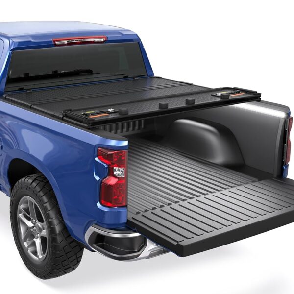 5.8FT Quad Hard Truck Bed Tonneau Cover Compatible for 2014-2018 Chevrolet Silverado GMC Sierra 1500 Fleetside Aluminum Bed (Utility Track System w/LED Light Strip)