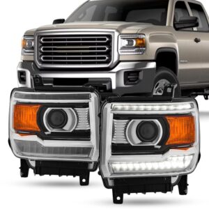 AKKON - Fit 2014-2018 GMC Sierra 1500/15-19 Sierra 2500HD|3500HD Halogen w/LED DRL Chrome Bezel Projector Headlight OE Style Driver Passenger Assembly