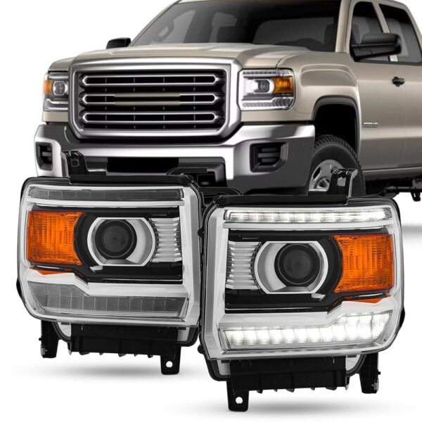 AKKON - Fit 2014-2018 GMC Sierra 1500/15-19 Sierra 2500HD|3500HD Halogen w/LED DRL Chrome Bezel Projector Headlight OE Style Driver Passenger Assembly