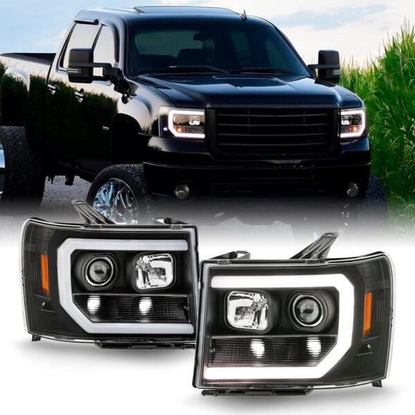 AKKON - Fits 2007-2013 GMC Sierra 1500 2500HD 3500HD LED [C-Tube] Projector Headlights [Black Edition] Pair Driver + Passenger