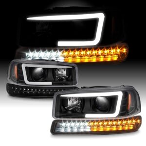 AKKON - For 99-06 GMC Sierra 1500 2500HD 3500 C3 Yukon XL Black LED Tube Projector Headlights + LED Bumper Lamp Pair