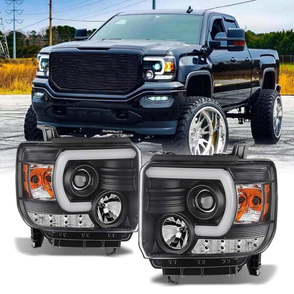 AKKON - For GMC Sierra 1500/2500/3500 Pickup Black Bezel DRL LED Light Tube Projector Headlights Replacement