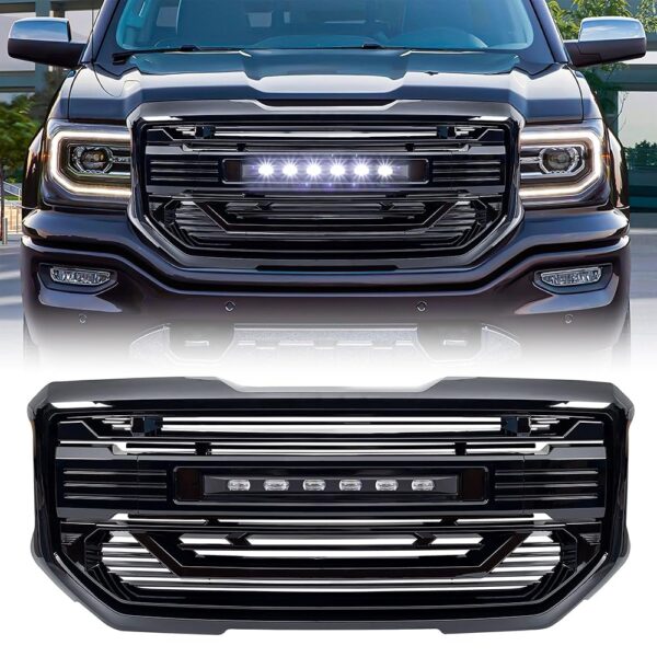 AMERICAN MODIFIED Armor Grille with Off-Road LED Lights and Outside Surround Compatible with 2016 to 2018 GMC Sierra 1500 Models, Glossy Black