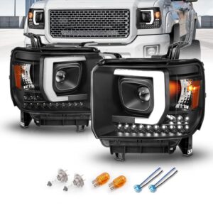 AmeriLite for 2014-2016 GMC Sierra 1500 2500HD 3500HD [Halogen Type] LED Bar Projector Black Headlights Assembly Pair - Driver and Passenger Side