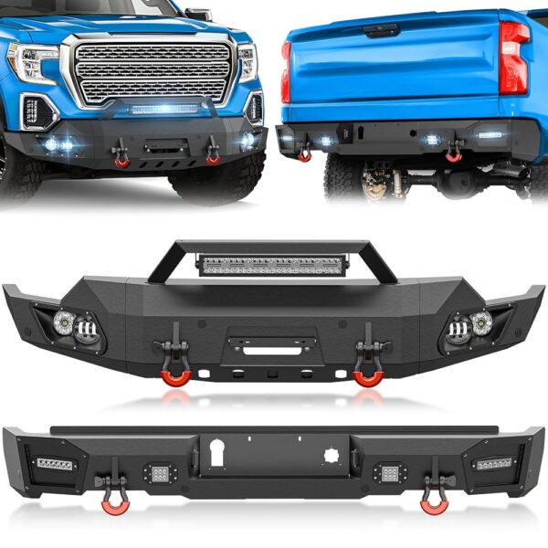 Front and Rear Bumpers Compatible with 2019 2020 2021 GMC Sierra 1500 & 2022 GMC Sierra 1500 Limited with LED Lights, Winch Plate, Sensor Holes, License Plate Frame, Paintable...