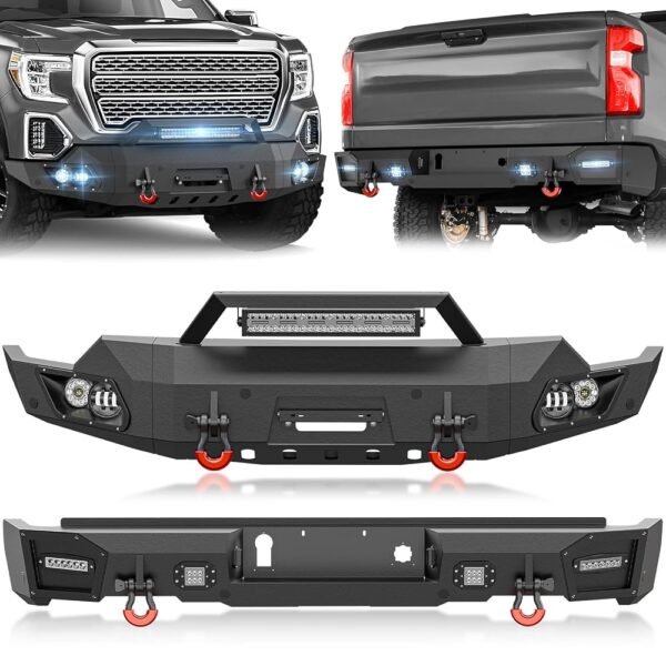 Front & Rear Bumpers Compatible with 2019-2021 GMC Sierra 1500 & 2022 GMC Sierra 1500 Limited Equipped with Winch Plate,LED Lights, License Plate Frame,Sensor Holes & Paintable...