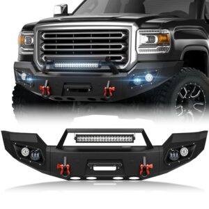 Pickup Truck Front Bumper Compatible with 2015-2019 GMC Sierra 2500 3500 HD Off-Road Bumper Equipped with 5 x LED Lights, License Plate Bracket, Winch Plate, Sensor Holes &...