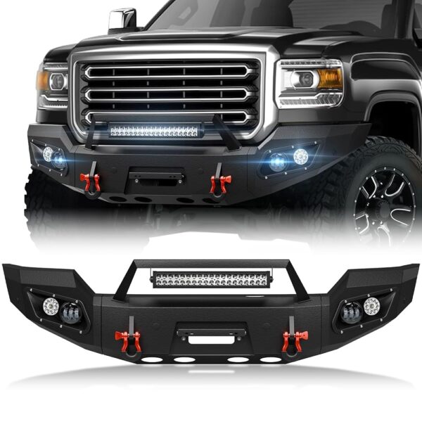 Pickup Truck Front Bumper Compatible with 2015-2019 GMC Sierra 2500 3500 HD Off-Road Bumper Equipped with 5 x LED Lights, License Plate Bracket, Winch Plate, Sensor Holes &...