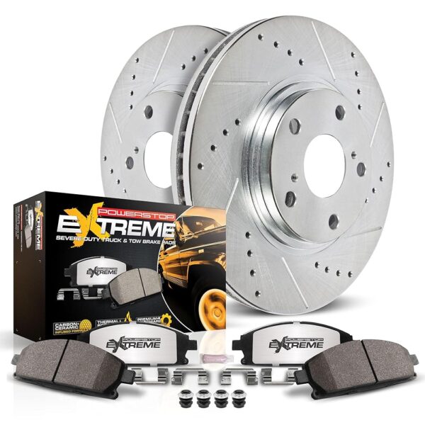 Power Stop Brake Kit For Chrysler Aspen Dodge Durango Ram 1500 5Lug - Front Truck & Tow Carbon Fiber Ceramic Brake Pads and Drilled and Slotted Brake Rotors Replacement, K2163-36