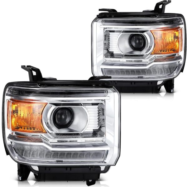 SCITOO Headlight Assembly Fit for GMC Sierra 1500 2014-2018 for GMC Sierra 2500 HD 2015-2019 for GMC Sierra 3500 HD 2015-2019 Chrome Housing Amber Reflector Pair Headlights...